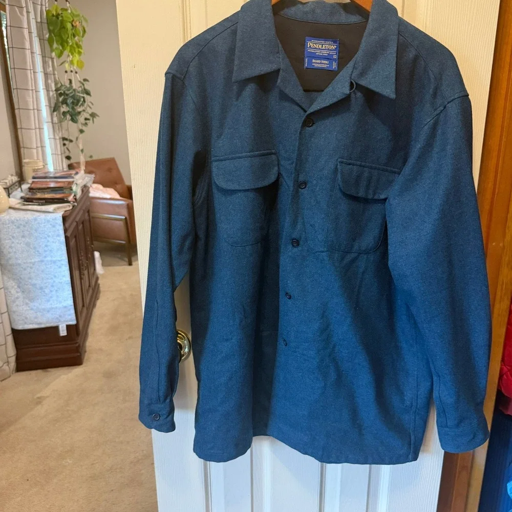 VNTG Pendleton Men L Blue Solid Wool Original Board Shirt Flannel Button Up Fall - Picture 2 of 14